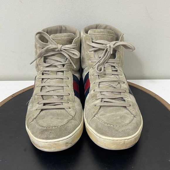 Gucci Sneakers Mens Size 8G Beige Suede Web Stripe High Top Sneakers Italy